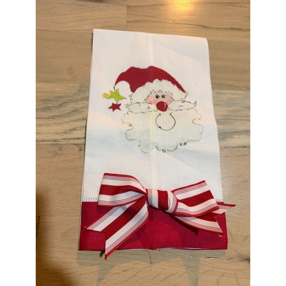 Christmas Hand Towel Santa Claus Painted Red Trim Striped Bow Guest Towel NEW